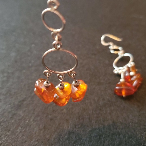 925 Silver & Genuine Amber Dangle Earrings - Picture 5 of 6